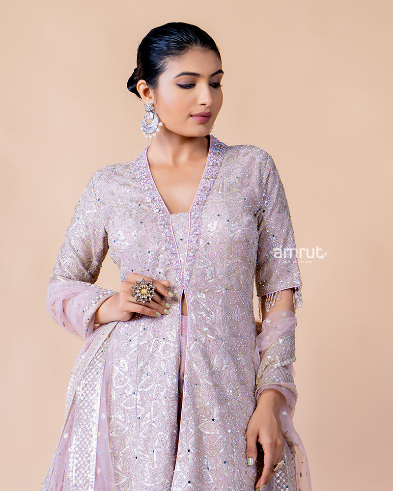 Onion Pink Palazzo with Kediya Style Kurta and Net Dupatta