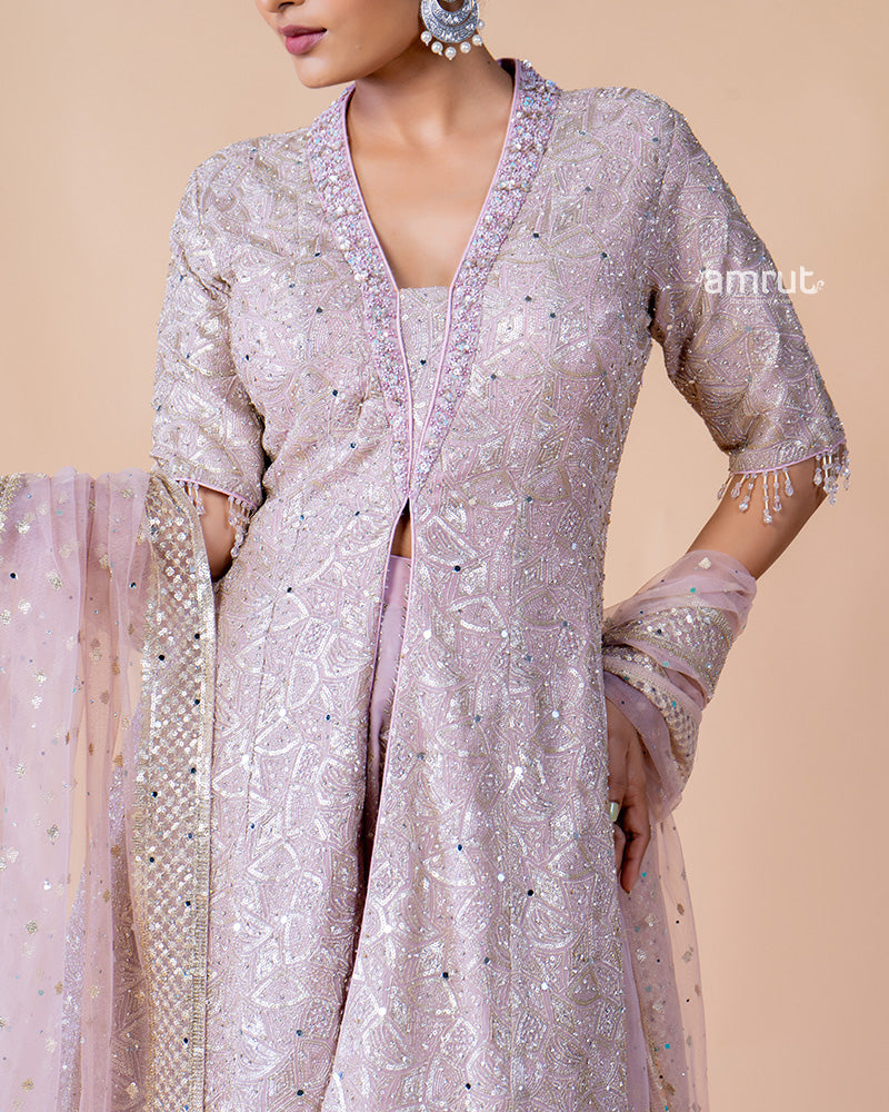 Onion Pink Palazzo with Kediya Style Kurta and Net Dupatta