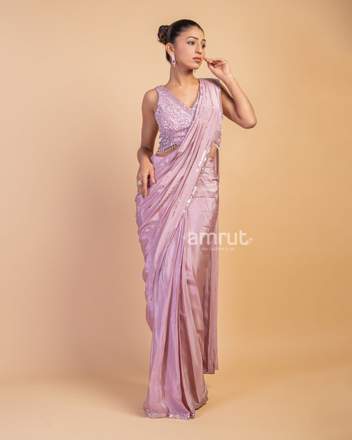 Onion Pink Ready to Wear Saree with Hand Work Blouse