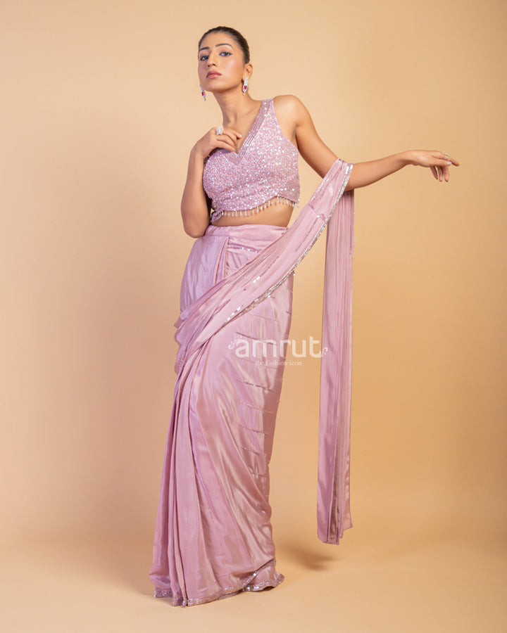 Onion Pink Ready to Wear Saree with Hand Work Blouse