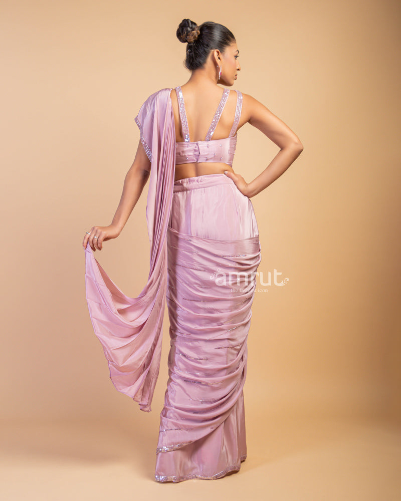 Onion Pink Ready to Wear Saree with Hand Work Blouse