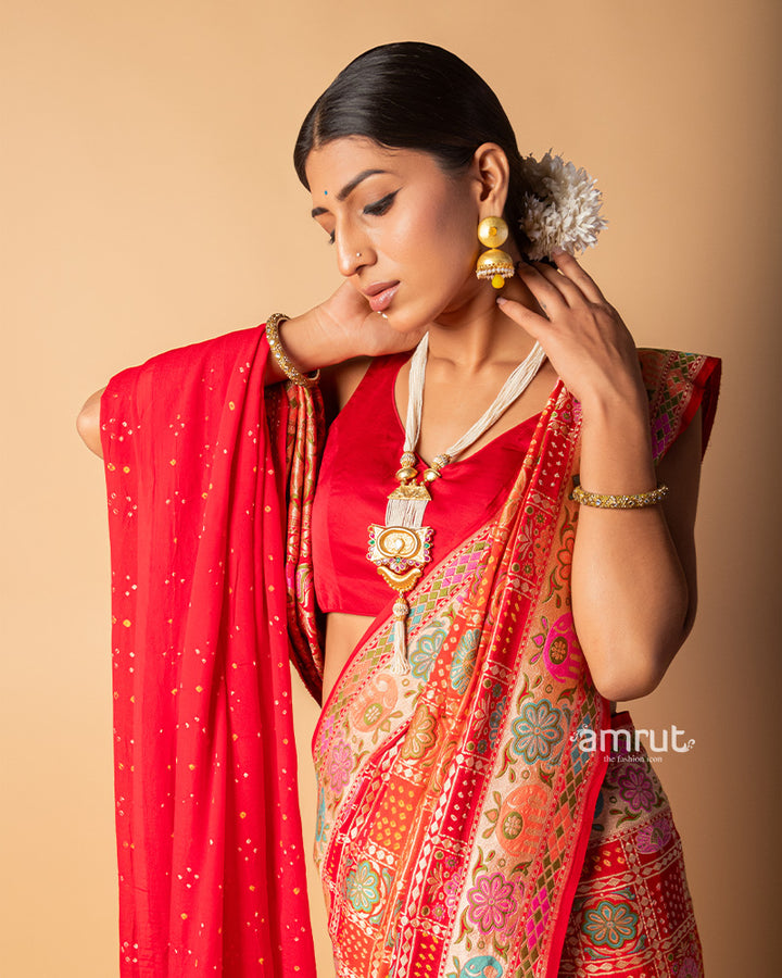 Orange Badhani Printed Printed Silk Saree With Unstitched Blouse