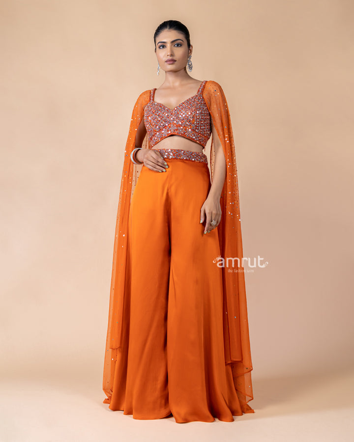 Orange Crop Top with Palazzo and Draped Dupatta