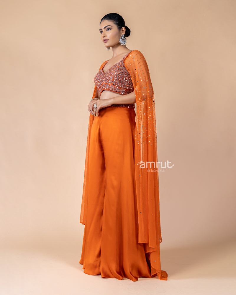 Orange Crop Top with Palazzo and Draped Dupatta