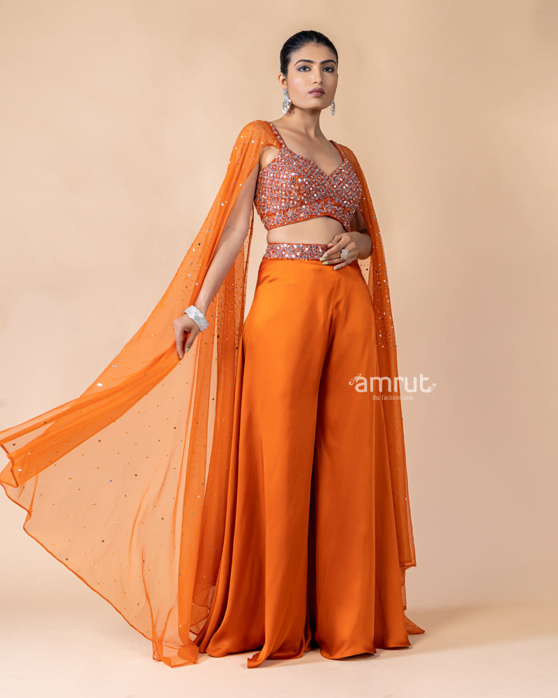 Orange Crop Top with Palazzo and Draped Dupatta