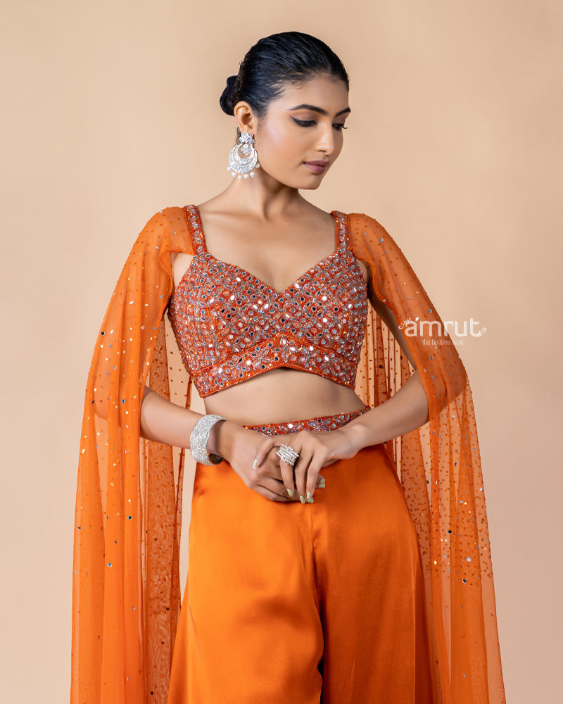 Orange Crop Top with Palazzo and Draped Dupatta