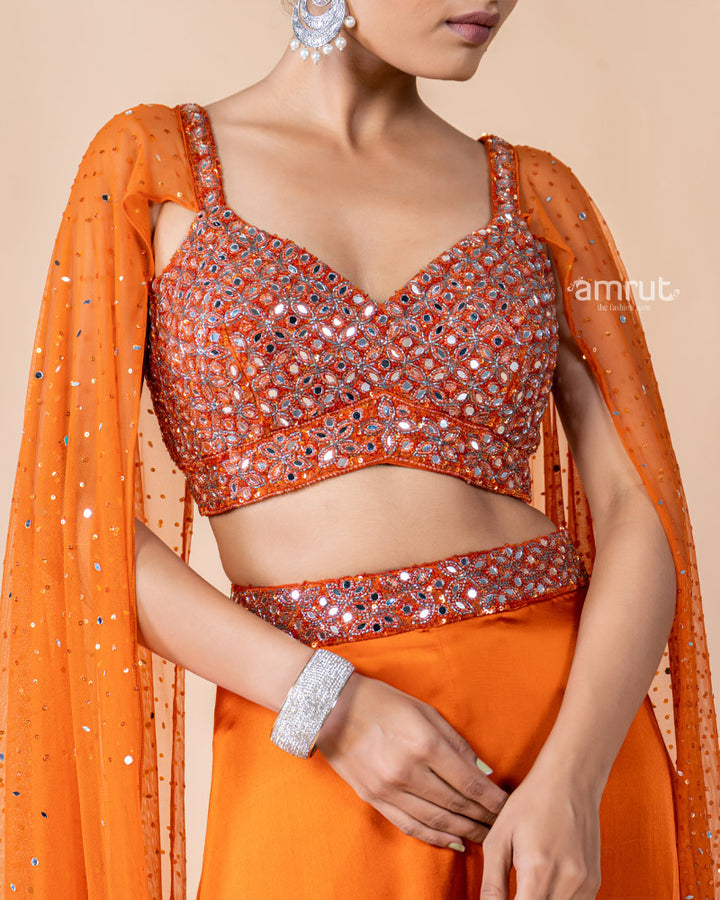 Orange Crop Top with Palazzo and Draped Dupatta