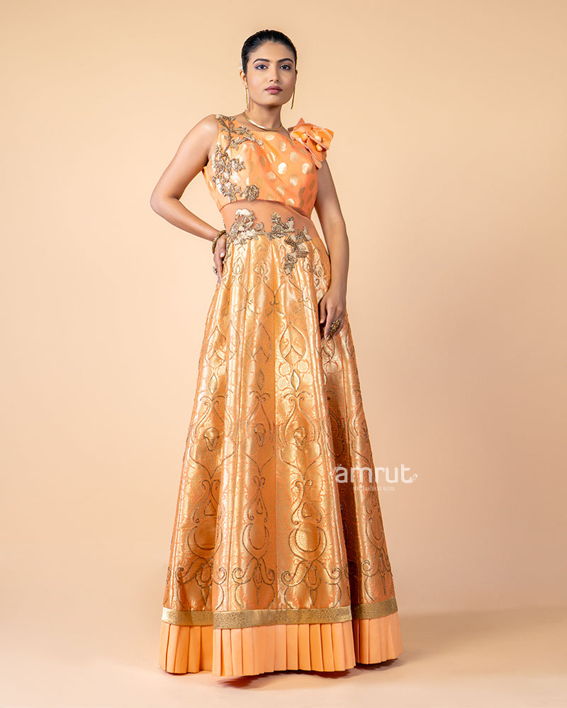 Orange Full length Yoke Designed Party Wear Gown