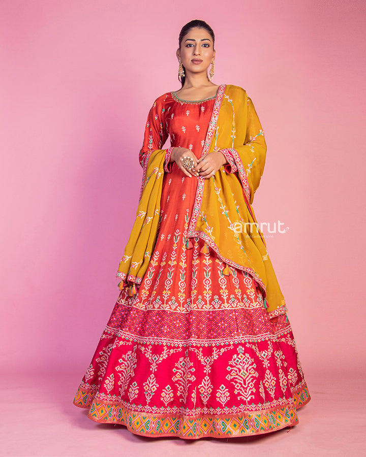 Coral Red Silk Embroidered Anarkali Dress With Dupatta
