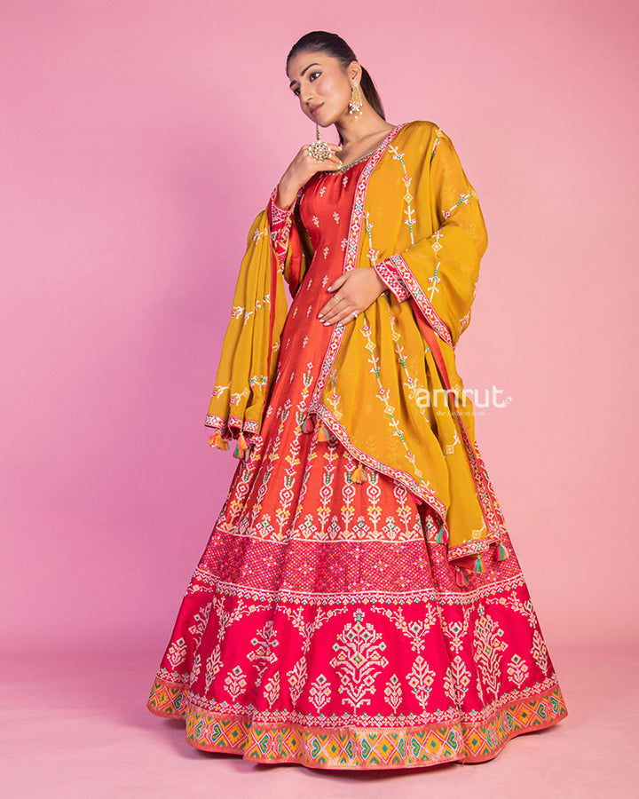 Coral Red Silk Embroidered Anarkali Dress With Dupatta