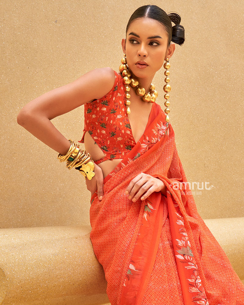 Orange Floral Print Saree with Intricate Weaving and Unstitched Blouse 02