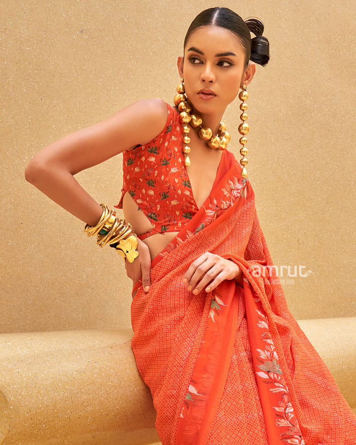 Orange Floral Print Saree with Intricate Weaving and Unstitched Blouse 02