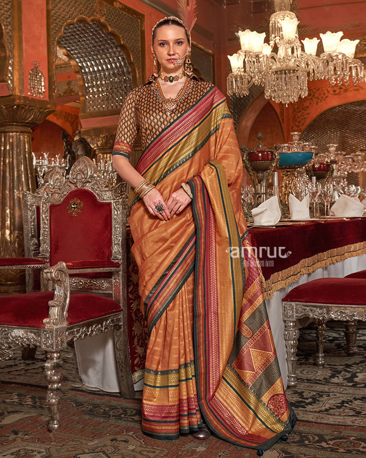 Orange Kanjivaram Silk Saree with Unstitched Blouse 01