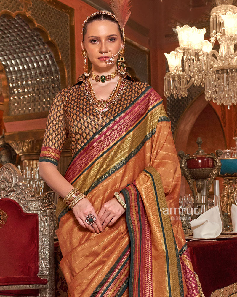 Orange Kanjivaram Silk Saree with Unstitched Blouse 02