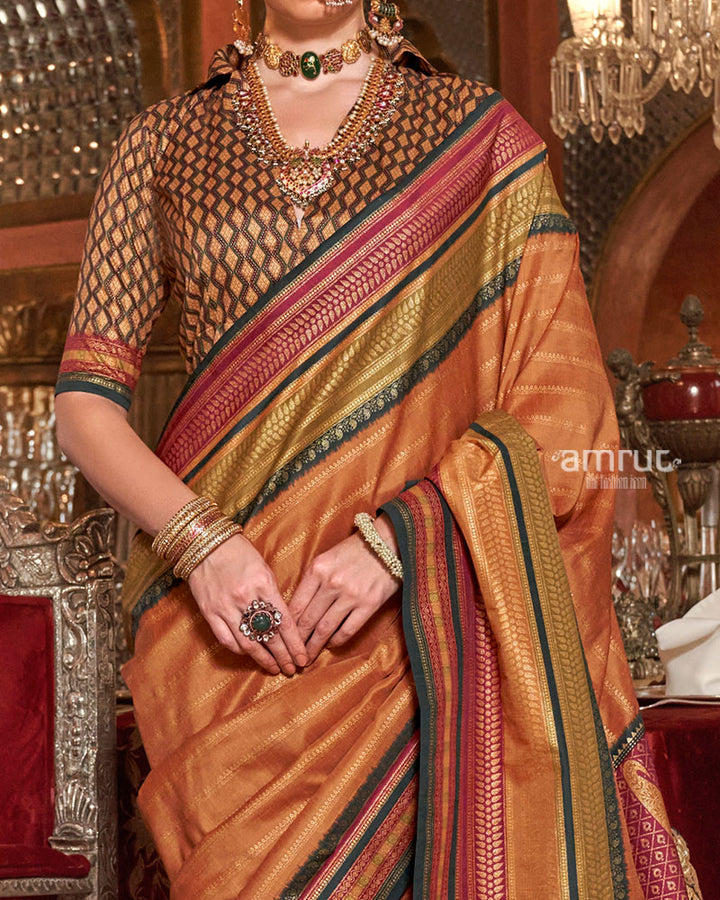 Orange Kanjivaram Silk Saree with Unstitched Blouse 03