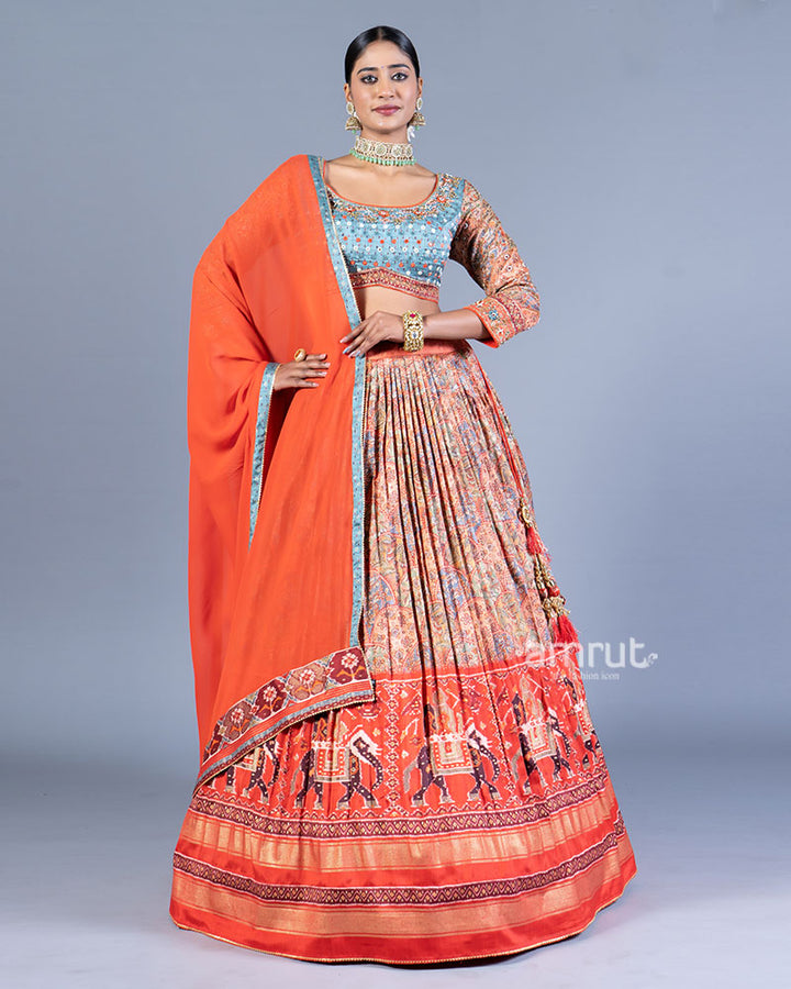 Orange Lehenga Teal Blue Embroidered Choli with Dupatta 01