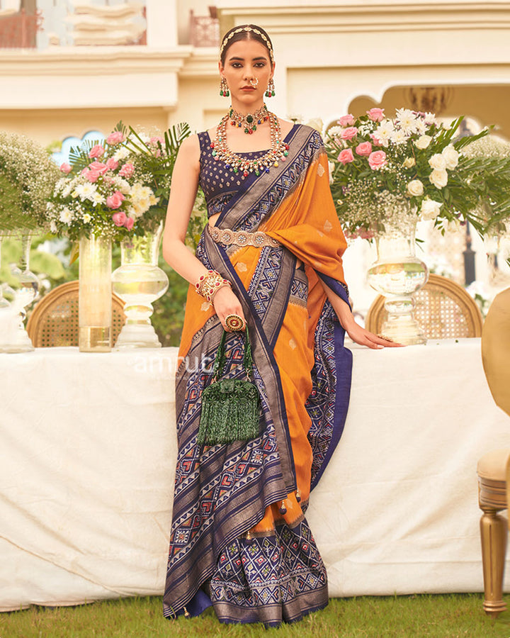 Orange and Navy Blue Border Silk Saree with Unstitched Blouse and Belt 01