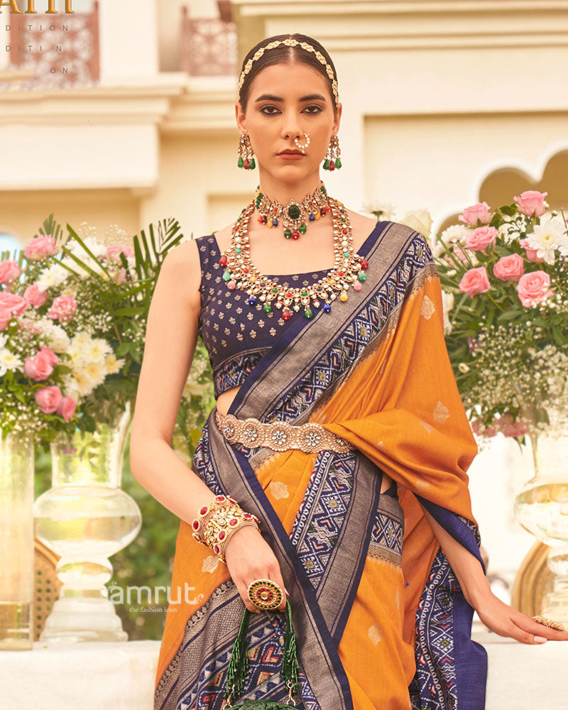 Orange and Navy Blue Border Silk Saree with Unstitched Blouse and Belt 02