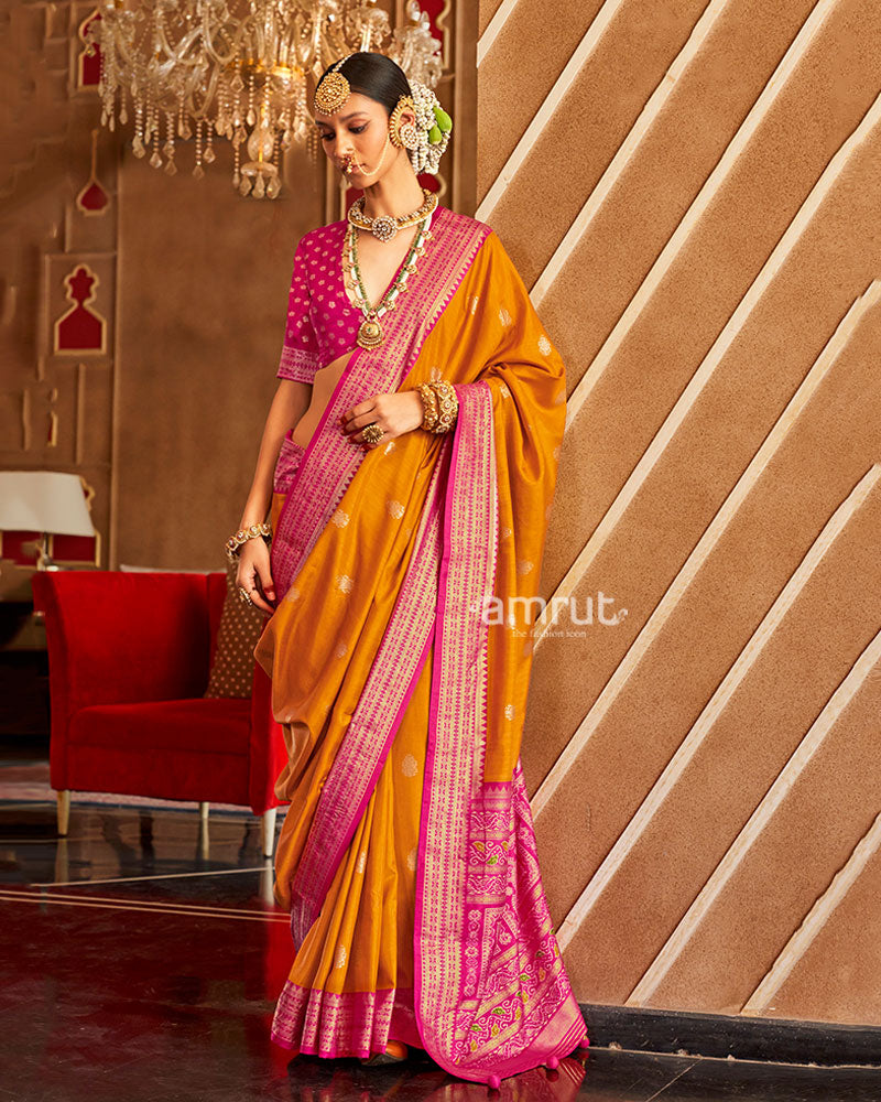 Orange and Pink Foil Printed Patola Saree with Unstitched Blouse 01