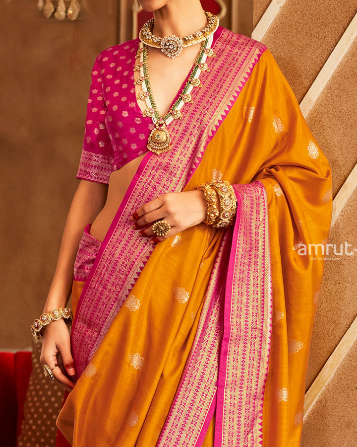 Orange and Pink Foil Printed Patola Saree with Unstitched Blouse 03