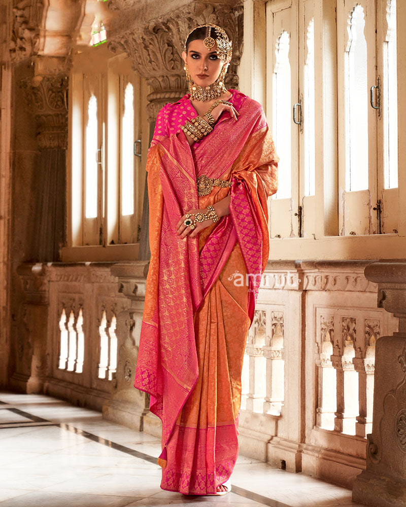 Orange and Pink Gold-Toned Ethnic Motifs Design Zari Silk Saree with Unstitched Blouse 01