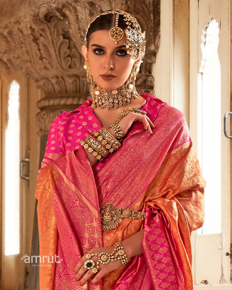 Orange and Pink Gold-Toned Ethnic Motifs Design Zari Silk Saree with Unstitched Blouse 02