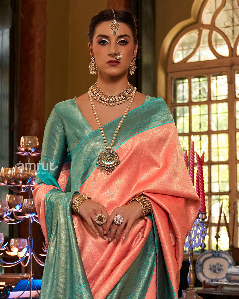 Orange and Turquoise Paisley Woven Border Kanjeevaram Silk Saree with Unstitched Blouse 02