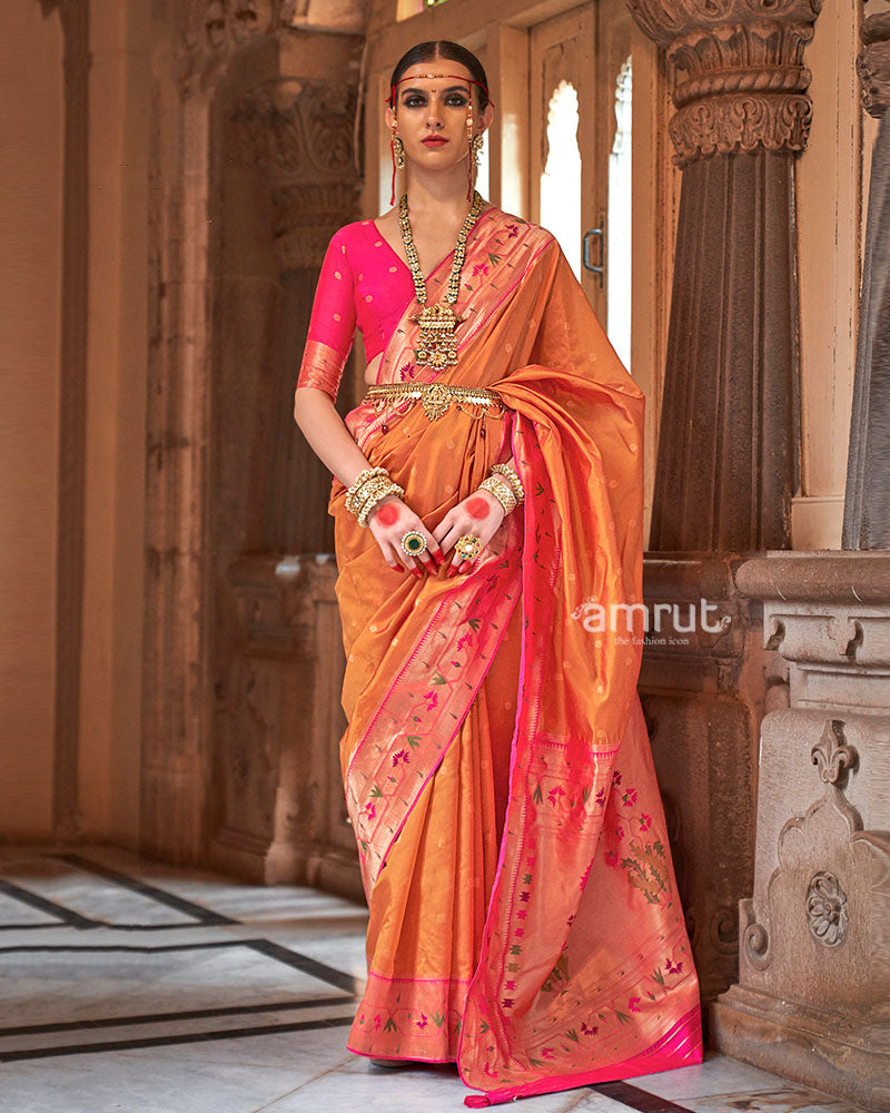 Orange with Pink Zari Border Paithani Silk Saree and Unstitched Blouse 01