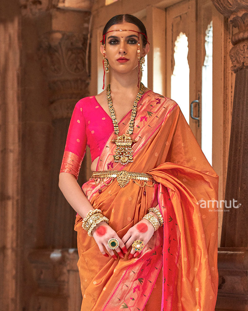 Orange with Pink Zari Border Paithani Silk Saree and Unstitched Blouse 02