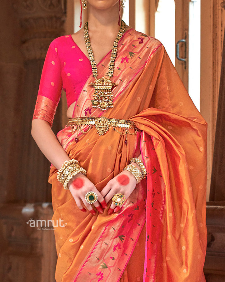 Orange with Pink Zari Border Paithani Silk Saree and Unstitched Blouse 03