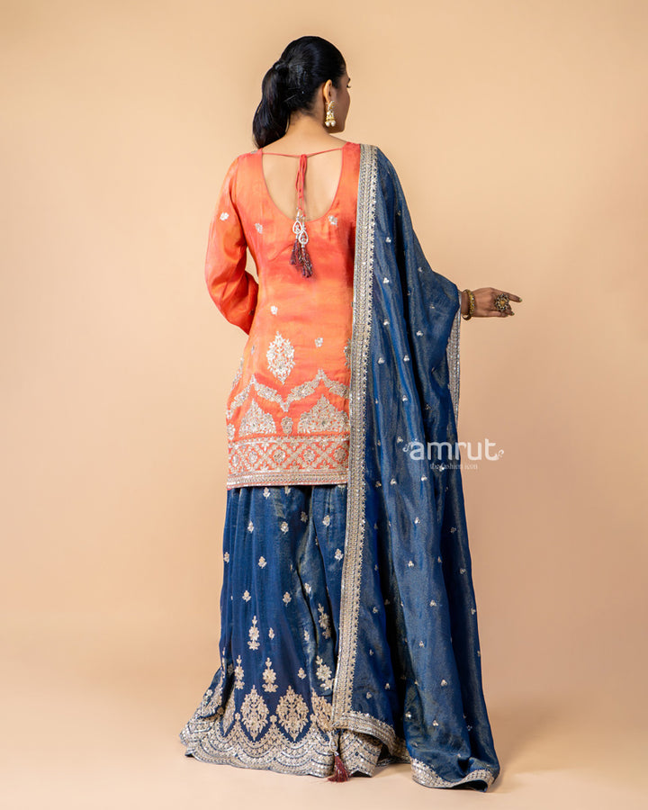 Orange and Navy Palazzo Suit Set with Dupatta