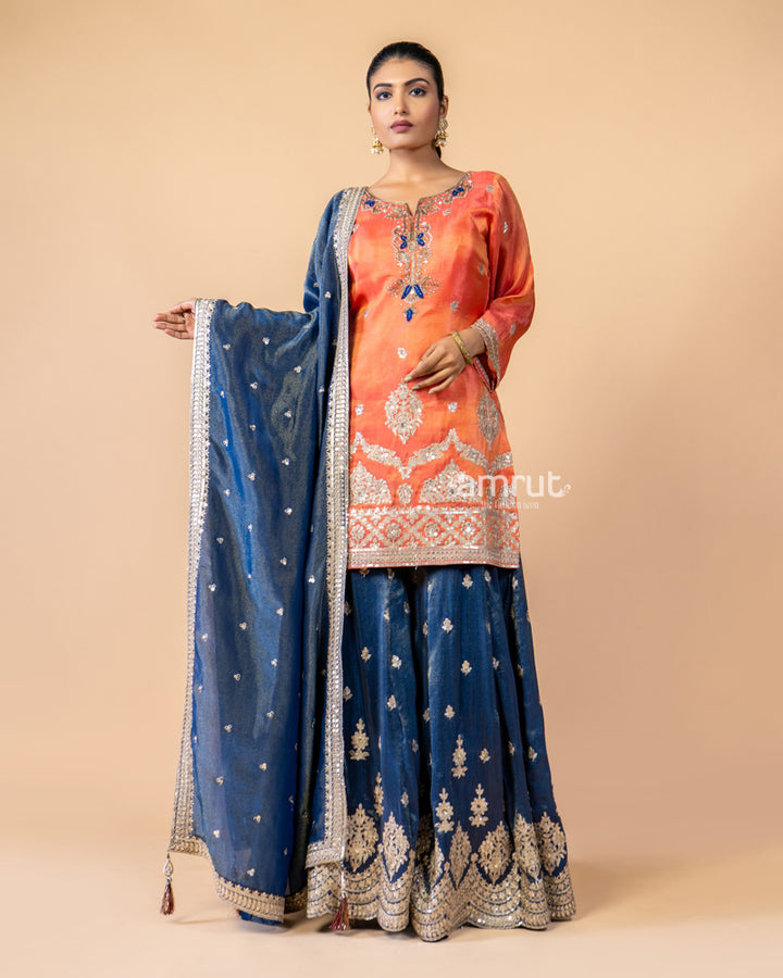 Orange and Navy Palazzo Suit Set with Dupatta