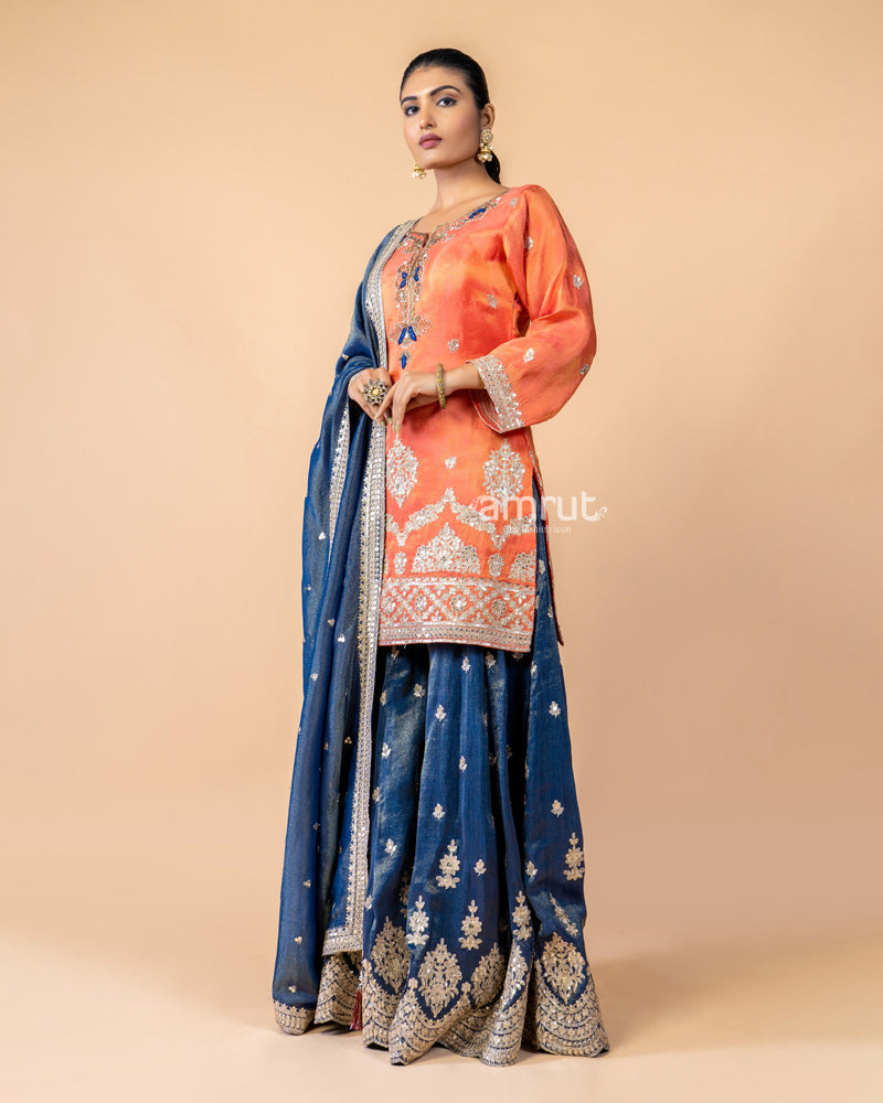 Orange and Navy Palazzo Suit Set with Dupatta