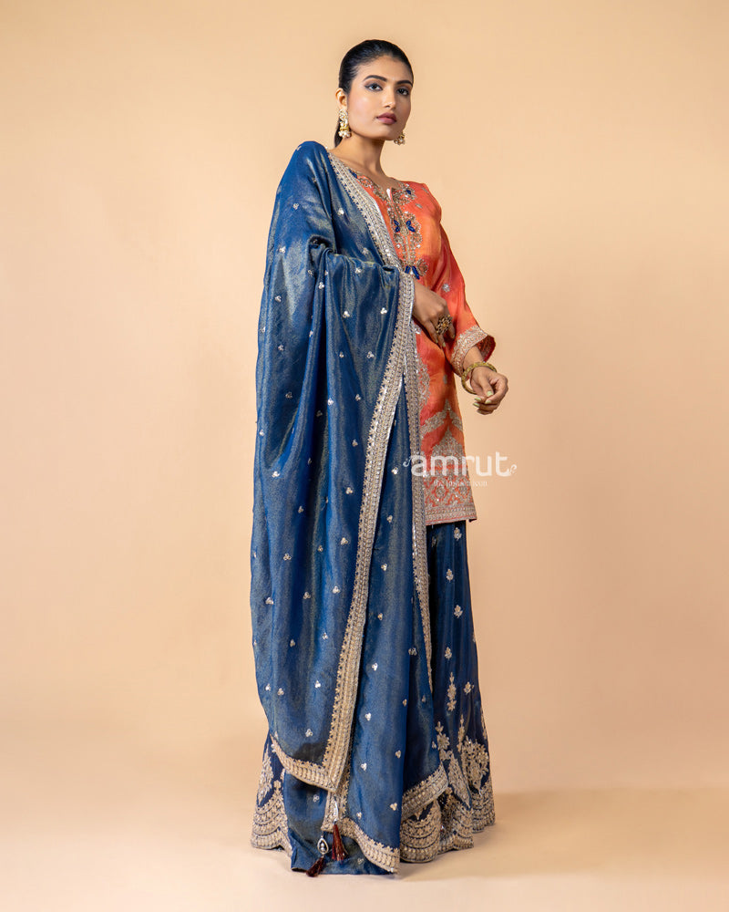 Orange and Navy Palazzo Suit Set with Dupatta