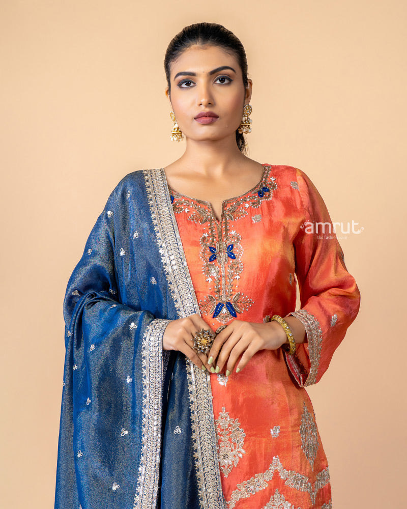 Orange and Navy Palazzo Suit Set with Dupatta