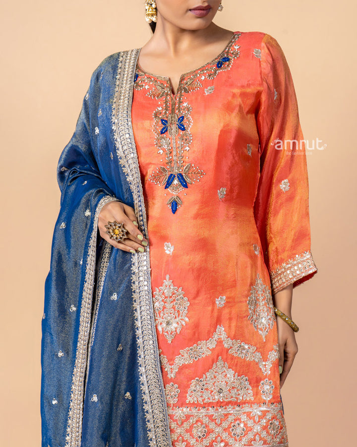 Orange and Navy Palazzo Suit Set with Dupatta