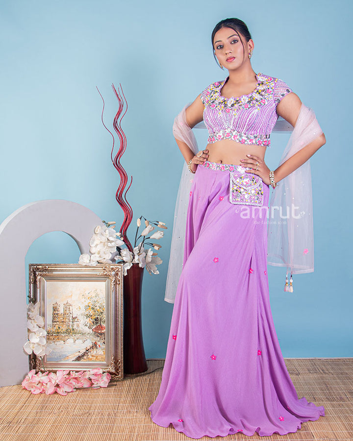 Orchid Floral Crop Top Palazzo set with Dupatta