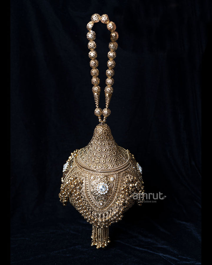 Ornate Golden Tone Beaded Tassel Clutch 01
