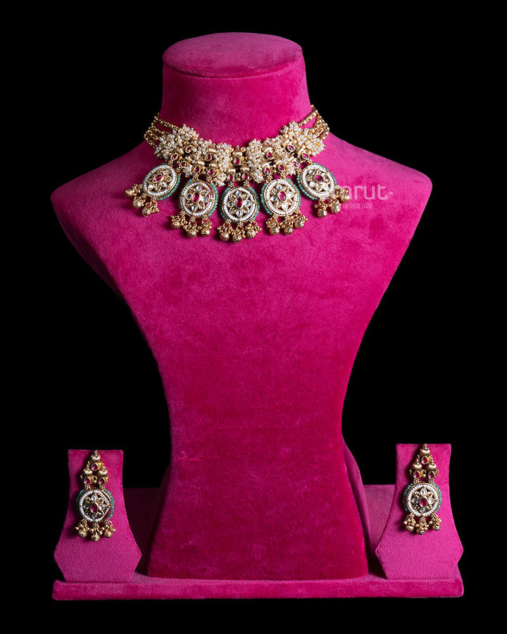 Ornate Pearl Necklace with Ruby Gemstones and Embellished Medallions 01