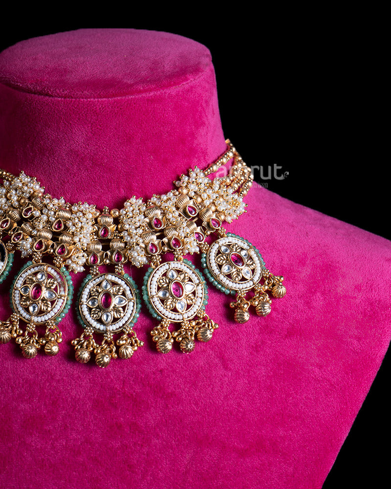 Ornate Pearl Necklace with Ruby Gemstones and Embellished Medallions 02