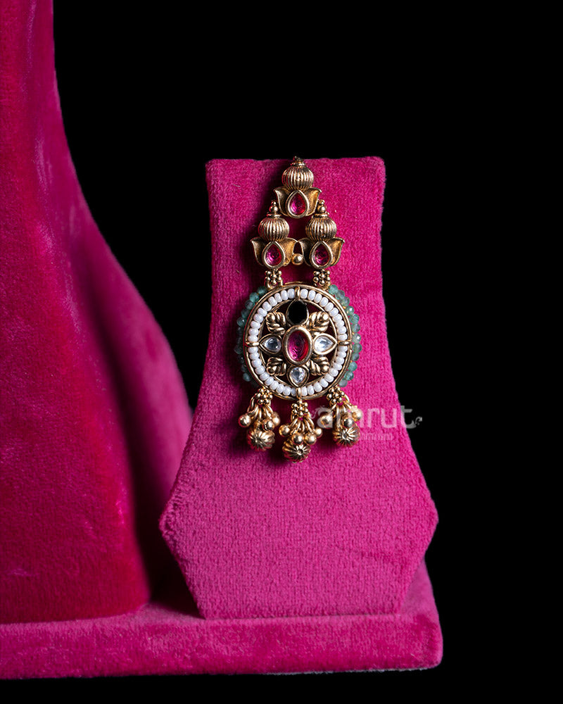 Ornate Pearl Necklace with Ruby Gemstones and Embellished Medallions 03