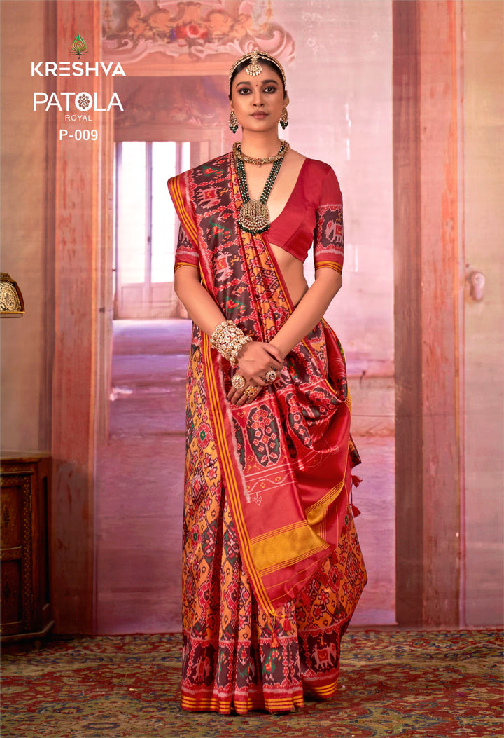 Red & Green Patan Patola Soft Silk Saree with Royal Ikat Weaving P09