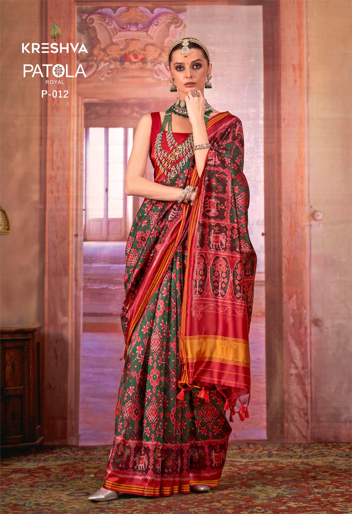 Royal Green & Maroon Patan Patola Soft Silk Saree with Traditional Ikat Weaving P12