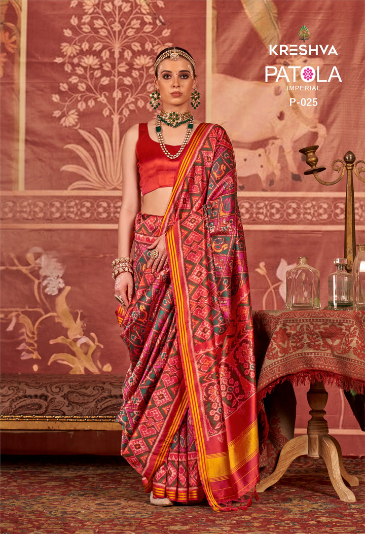 Red & Green Patola Soft Silk Saree with Traditional Ikat Weaving P25