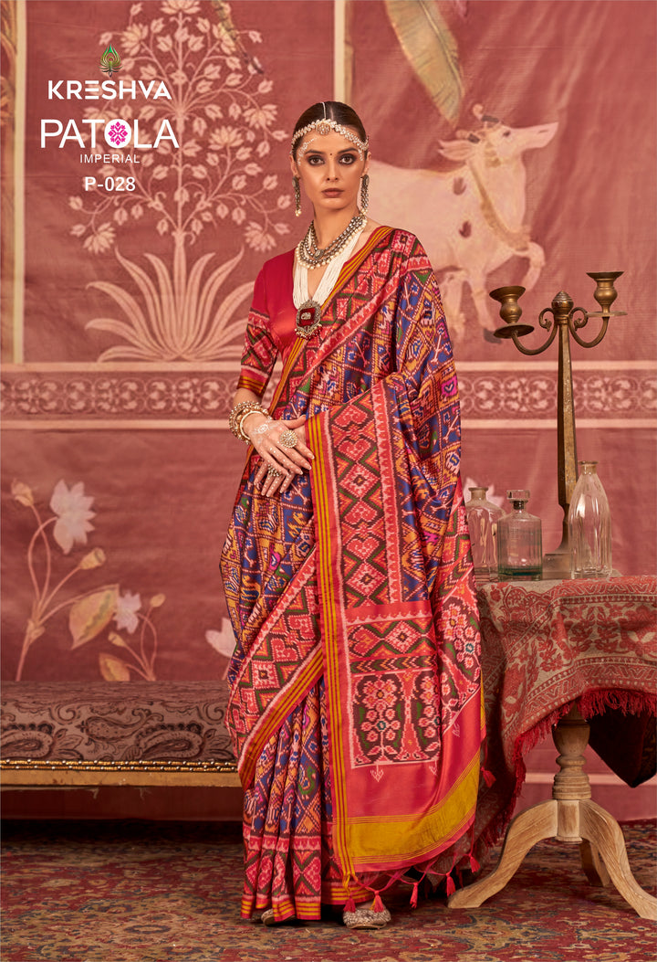 Blue & Maroon Patan Patola Soft Silk Saree with Traditional Ikat Weaving P28