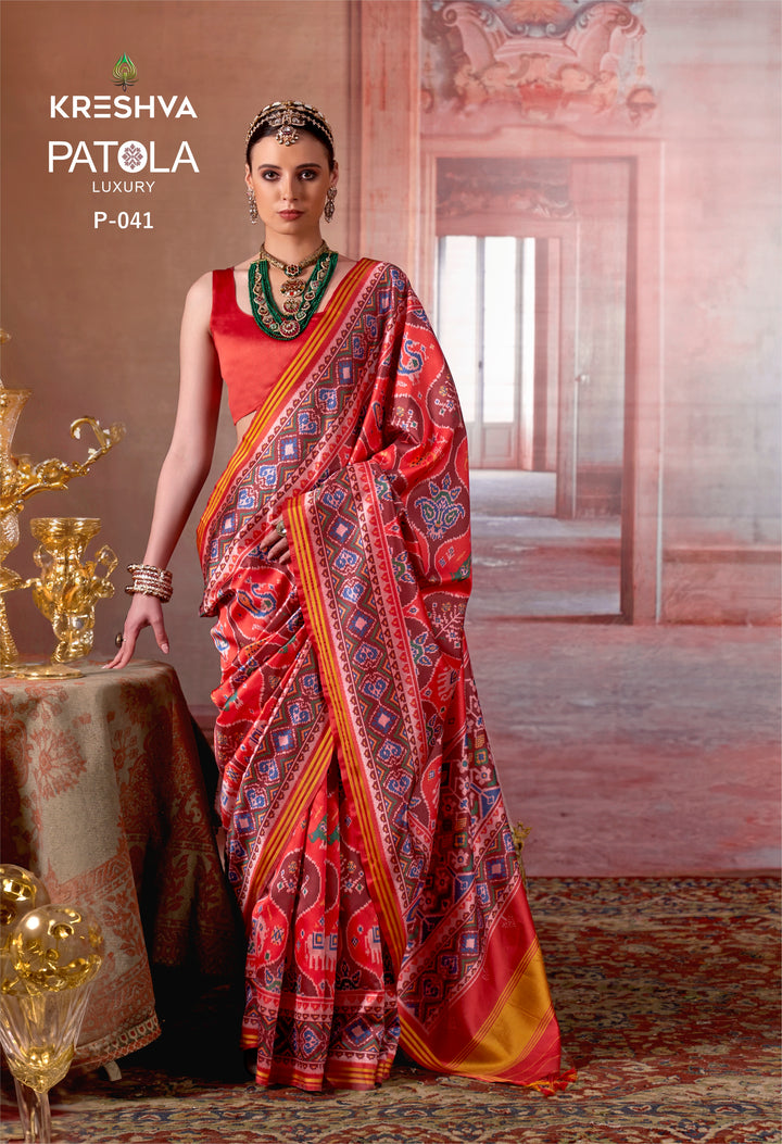 Red Patan Patola Luxury Soft Silk Saree with Multicolour Traditional Ikat Weaving P41