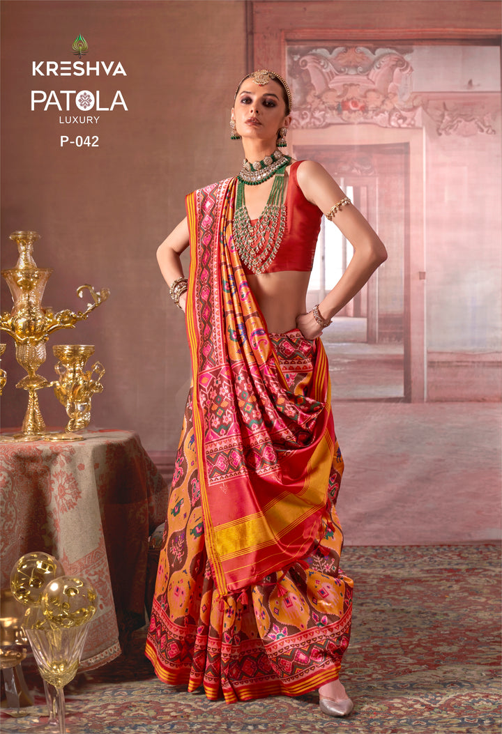 Yellow Patan Patola Luxury Soft Silk Saree with Traditional Multicolour Ikat Weaving P42