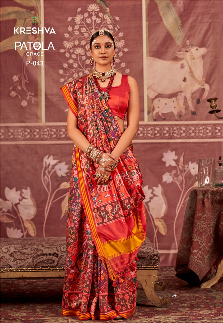 Red & Green Patan Patola Silk Saree with Multicolour Ikat Weave P43