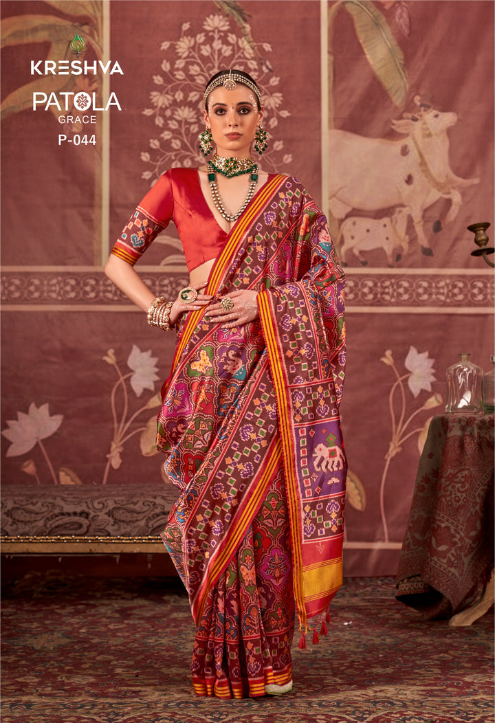 Wine Patan Patola Silk Saree with Multicolour Ikat Weave P44