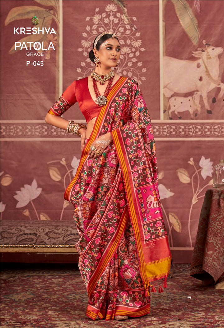 Pink & Maroon Patan Patola Silk Saree with Multicolour Ikat Weave P45